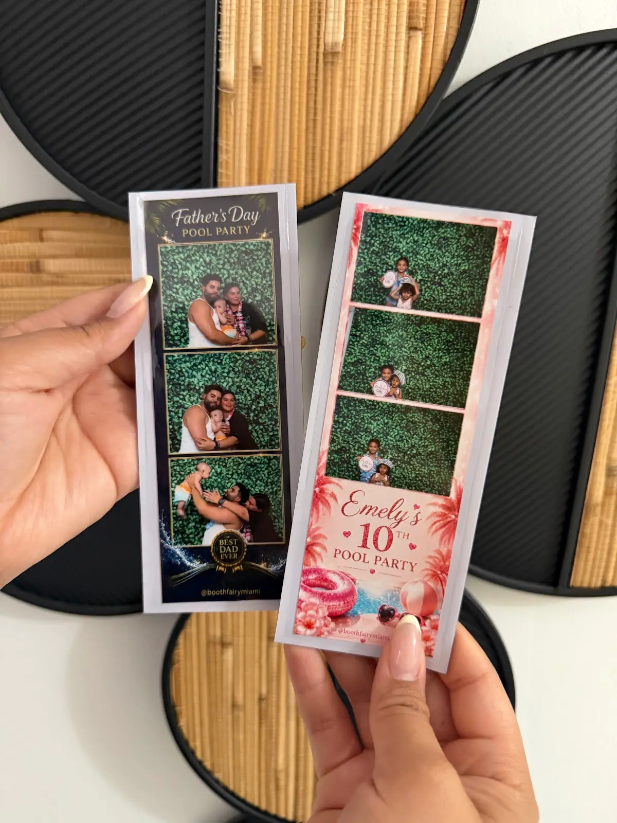 Close-up of personalized Booth Fairy Miami magnetic photo strips