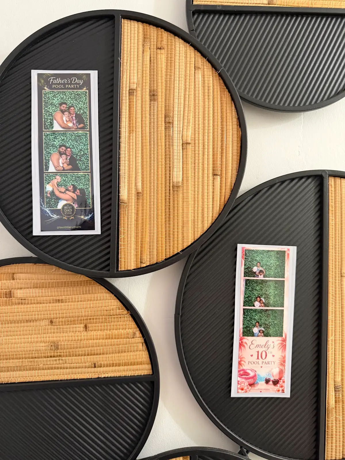 Custom magnetic 2x6 photo booth strips displayed as event keepsakes