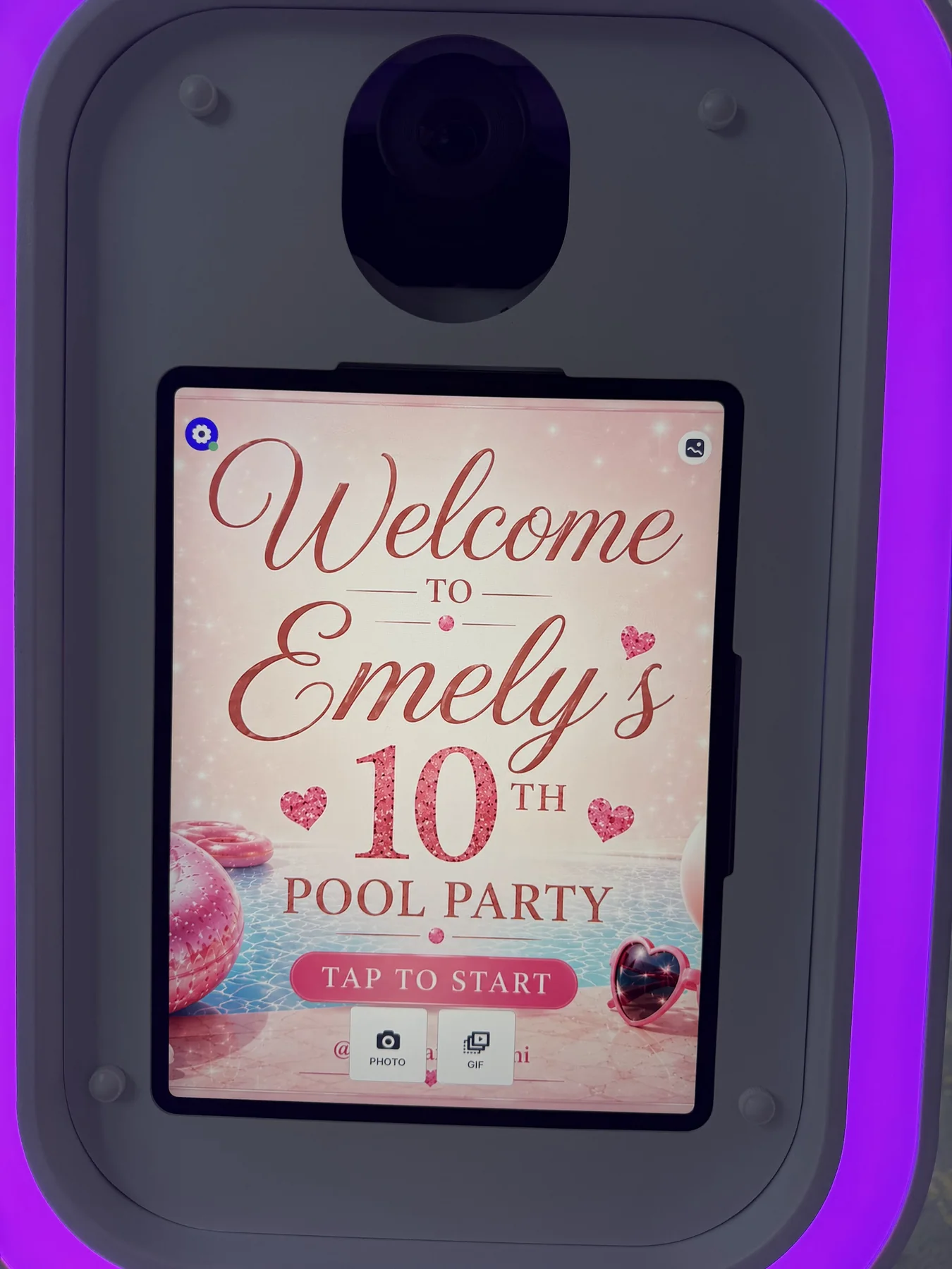 Custom photo booth welcome screen for a birthday party